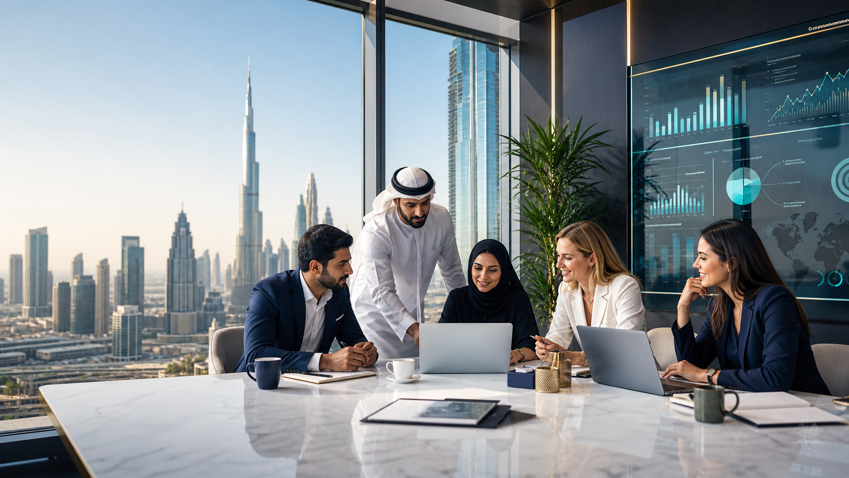 Marketing team collaborating in a modern Dubai office